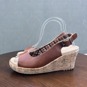 Crocs A Leigh Sandals Women's Size 8 Tan Brown Leather Cork Platform Wedge Shoes